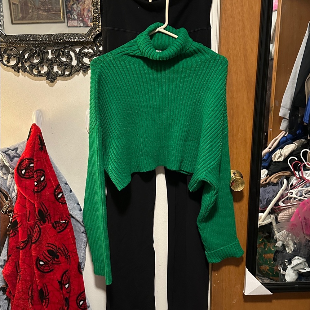 Bobbles and Lace Green turtleneck crop sweater - Picture 3 of 4